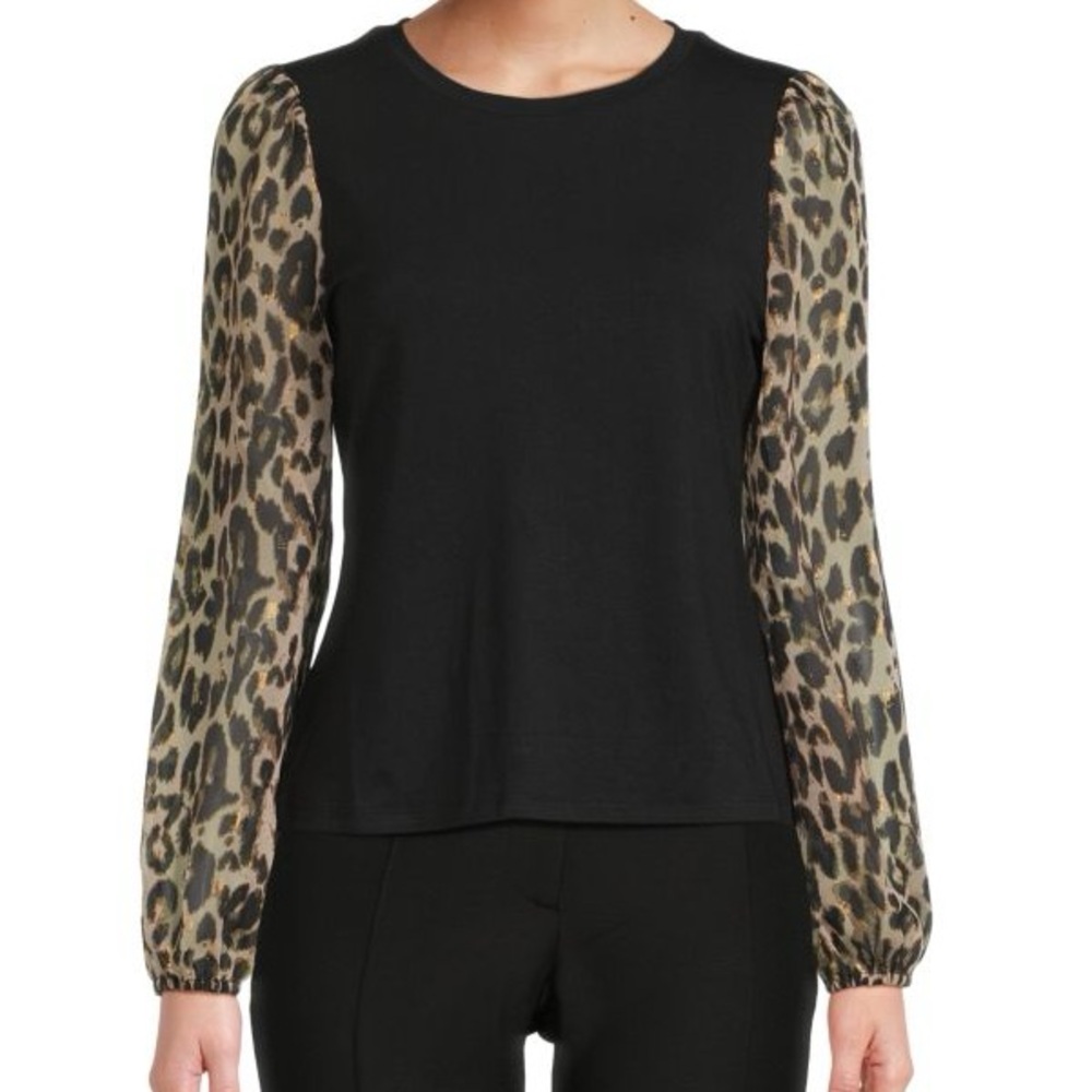 NWT T Tahari Sheer Sleeve Leopard Print Blouse Size XS
